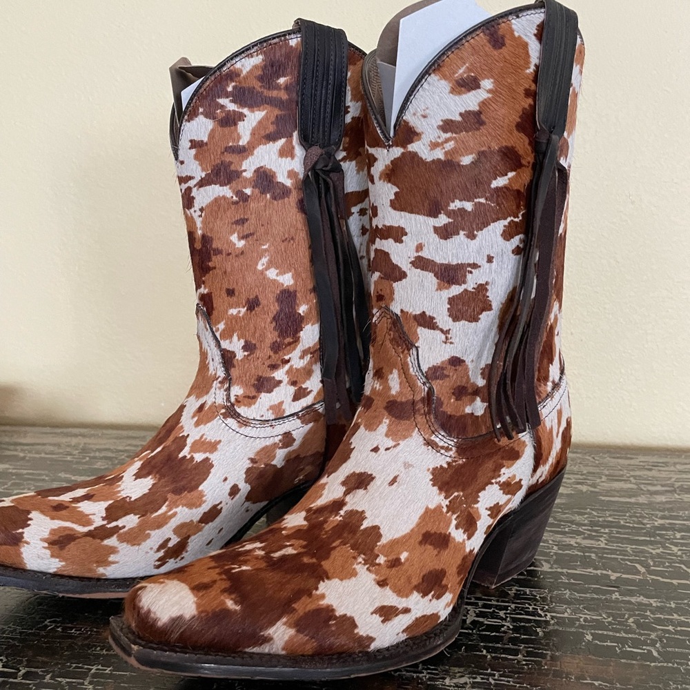 TONY LAMA White Brown Rust Cow Pony Print Calf Hair Western Cowgirl Leather Boot - Picture 7 of 16